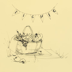 Wattled Picnic Basket with Food. Illustration