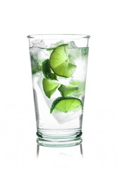Fresh cocktail with lime slices isolated on white background
