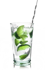 Fresh cocktail with lime slices isolated on white background