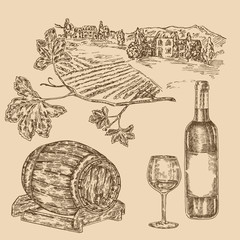 Wine set. Hand drawn vineyad, bottle of wine, glass, grape vector