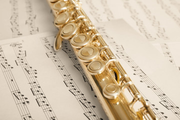 Obraz premium Flute on music notes background