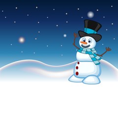 Snowman wearing a hat and a blue scarf with star, sky and snow hill background for your design vector illustration