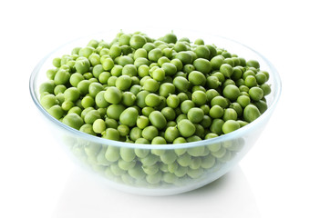 Fresh green peas in bowl isolated on white