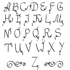 Alphabet letters handwritten font. handwritten letters with curl at the end of the letter