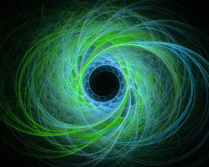 Abstract fractal design. Multiple green spirals on black.