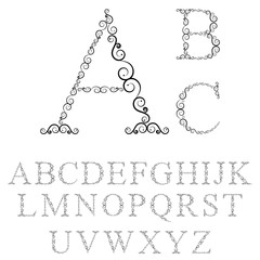 Alphabet letters of tracery curls. letters of thin curly strips for your design