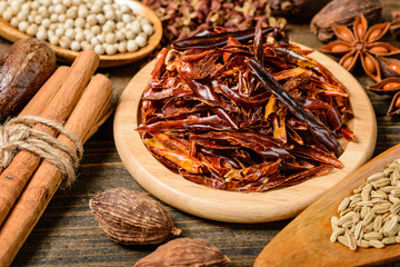 dry chili on the wooden board