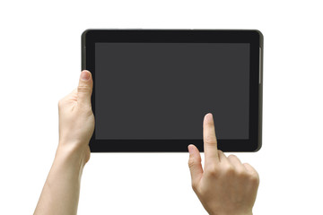 new tablet in the hands of the girl on a white isolated background