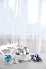 Decorated Christmas table setting. Christmas menu concept