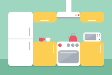 Flat design illustration of kitchen. Flat design room interior.