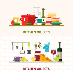 Kitchen Appliances and Objects. Cookware, Food, Fruits, Vegetables, Bottles. Vector Illustration in Flat Design Style for Web Banners or Promotional Materials