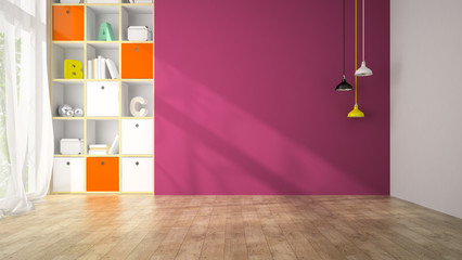 Empty living room with purple wall 3D rendering