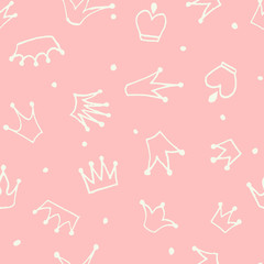 Cute hand drawn pink seamless pattern with crowns for little princess. Can be used to design children's clothing, birthday invitation. Vector illustration.