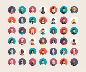 Set of Flat Design Professional People Avatar Icons with Long Shadow. Mens and Women