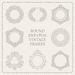 Set of elegant ornate floral design templates. Lineart vector frames and monograms illustration.