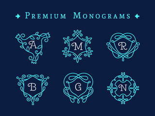 Set of elegant floral monogram template with letters. Monogram identity, business sign, logo design. Lineart vector illustration.