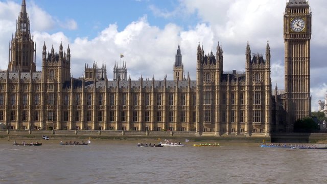 London, rowing boats competition on the river Thames with the background of the House of Parliament and the Big Ben