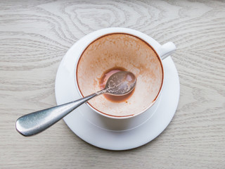 Top view empty cup of cocoa on wooden table