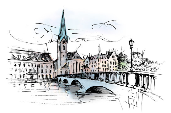 Z&uuml;rich, Fraum&uuml;nster church and bridge