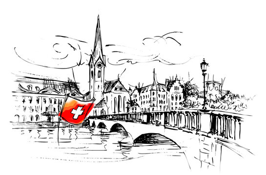 Z&uuml;rich, Fraum&uuml;nster church and bridge