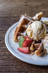 Strawberry Banana Waffle served with Vanilla Ice Cream