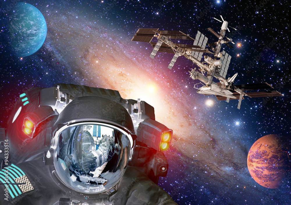 Sticker astronaut et alien extraterrestrial sci fi ufo space planets spaceship. elements of this image furni