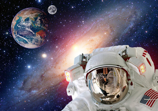 Astronaut spaceman helmet outer space moon planet Earth globe. Elements of this image furnished by NASA.