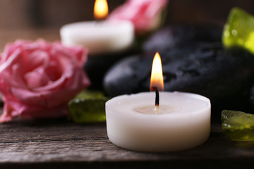 Relaxing set on wooden background, close up