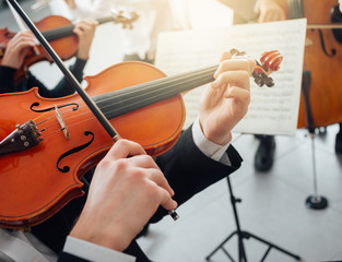 Violinist performing with music sheet © stokkete