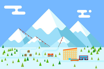 Mountain village hotel ski resort holidays bus shop funicular flat design vector illustration