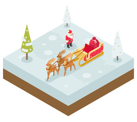 Santa Claus Grandfather Frost  Sleigh Reindeer Gifts New Year Christmas Isometric 3d Flat Design Icon Template Vector Illustration