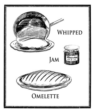 Food engraving collage, whipped French omelette preparation
