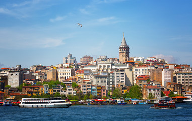 Fototapeta premium View of the passage the Gold Horn, Beyoglu's region, Galata Tower and a seagul flying in the blue sky