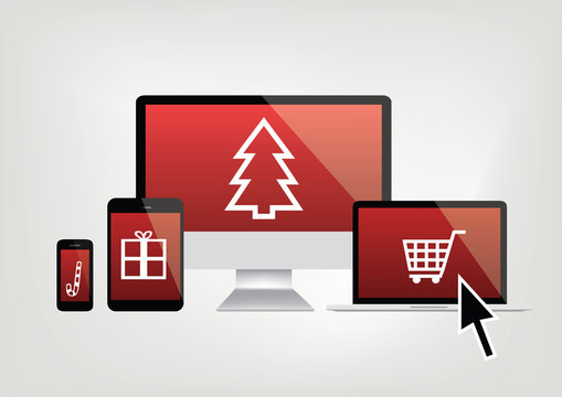 moderner computer, mobiltelefon, tablet , laptop mit weihnachten -  konzept: geschenke kaufen