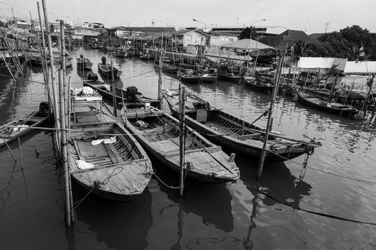 Traditional fisherman boat in Thailand in black and white format.