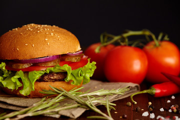 Juicy burger with tomatoes, spices and herbs on wooden table
