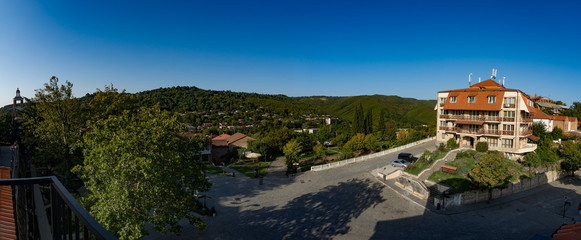 Fototapeta na wymiar Wide panorama of the Sighnaghi from the hotel Kabadoni, Sighnaghi, Georgia