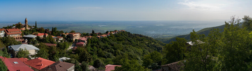 Wide panorama of Sighnaghi and Alazani valley from the hotel Kabadoni, Sighnaghi, Georgia