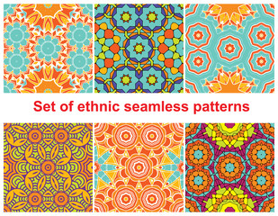 Set of six colorful geometric patterns (seamlessly tiling). Seamless pattern