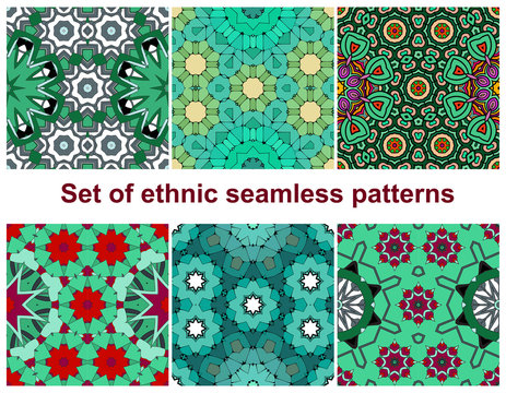 Set of six colorful geometric patterns (seamlessly tiling).Seamless.