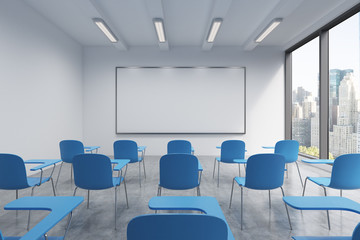 A classroom or presentation room in a modern university or fancy office. Blue chairs, a whiteboard on the wall and panoramic windows with New York view. 3D rendering. - obrazy, fototapety, plakaty