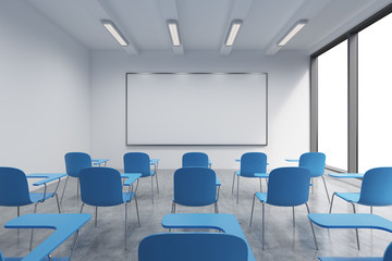 Fototapeta A classroom or presentation room in a modern university or fancy office. Blue chairs, a whiteboard on the wall and panoramic windows with white copy space. 3D rendering. obraz