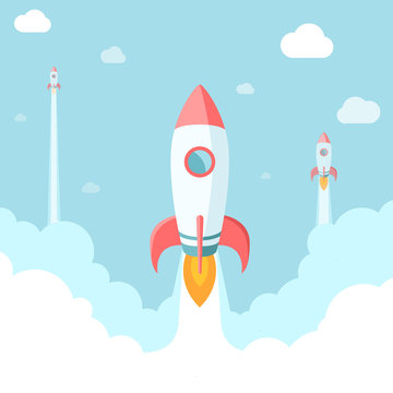 Startup illustration. Rockets in the clouds. Modern flat style