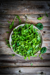Fresh arugula and spinach salad on rustic background