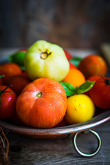 Multicolored tomatoes on rustic wooden background