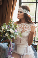 Fototapeta premium Beautiful bride with long hair