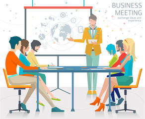 Concept of business meeting / exchange ideas and experience / coworking people / collaboration and discussion / presentation / vector illustration.