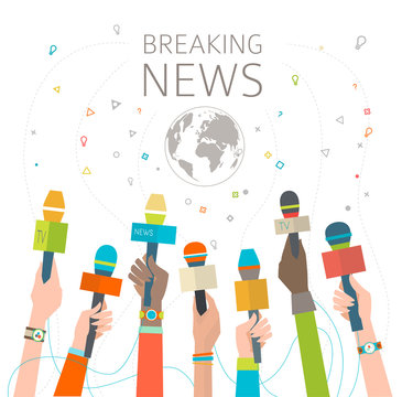 Concept of breaking news / hot news /  multicultural hands and microphone / vector illustration