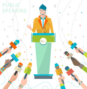 Concept of public speaking / speaker's stand / press conference / vector illustration.