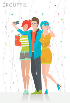 Concept of taking selfie photo on smart phone  /  three young people are making photo together /  vector illustration
